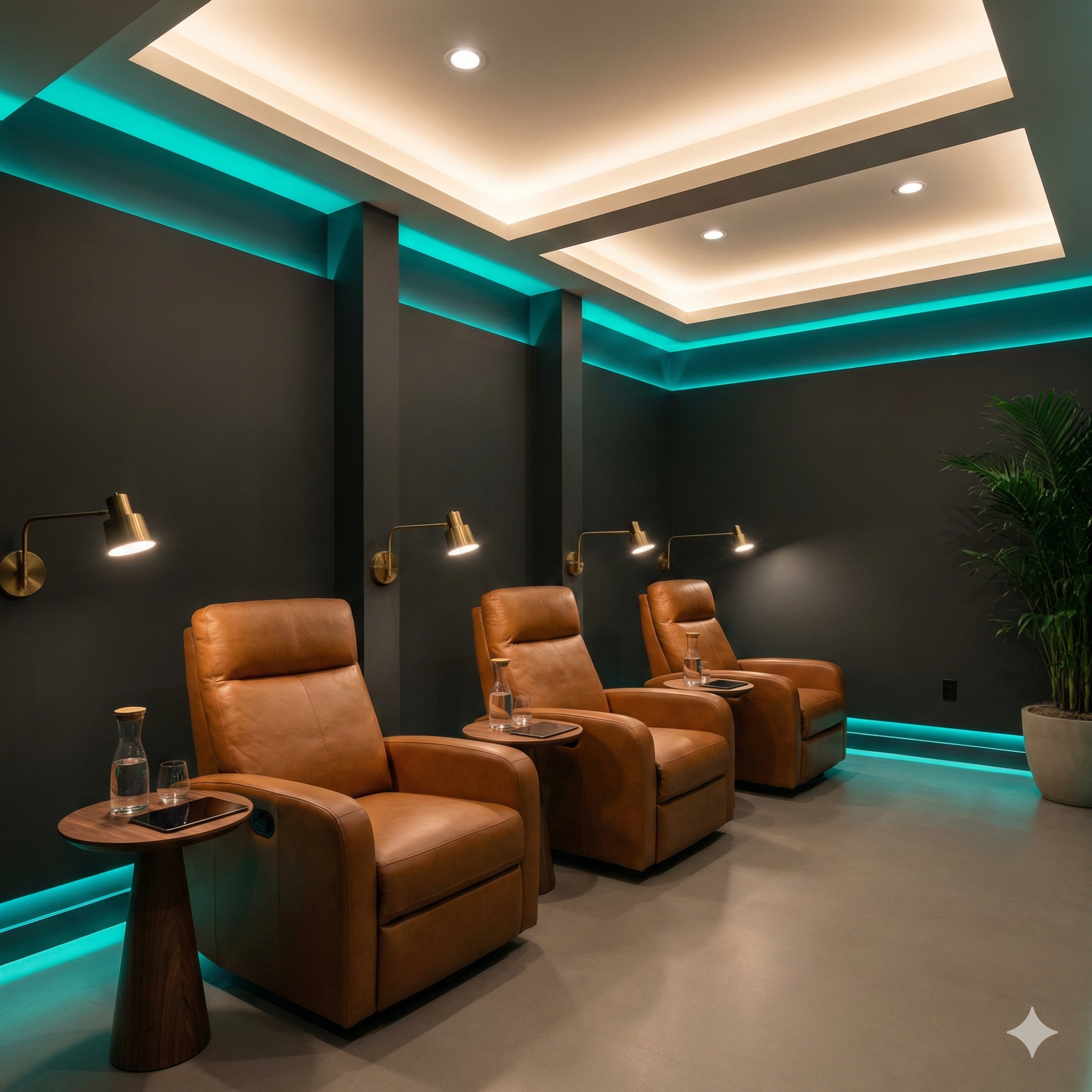 IV therapy lounge with leather recliners and teal accent lighting